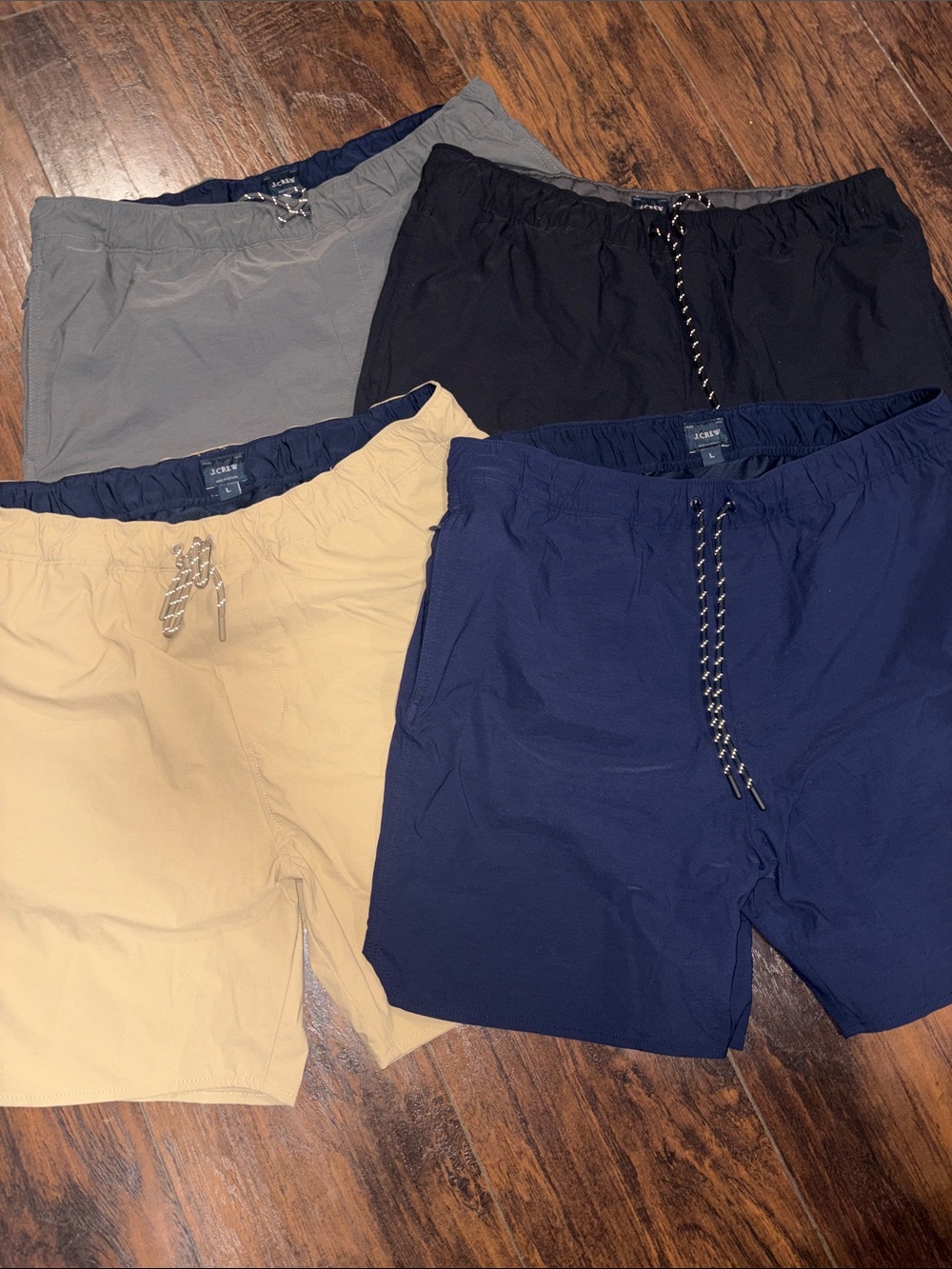 JCrew Men’s Hybrid Shorts in Navy, Black, Gray, and Khaki set of 4 shorts LARGE